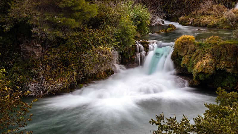 A smaller waterfall in Krka National Park, Croatia, rocks, cascade, stones, river, landscape, trees, HD wallpaper