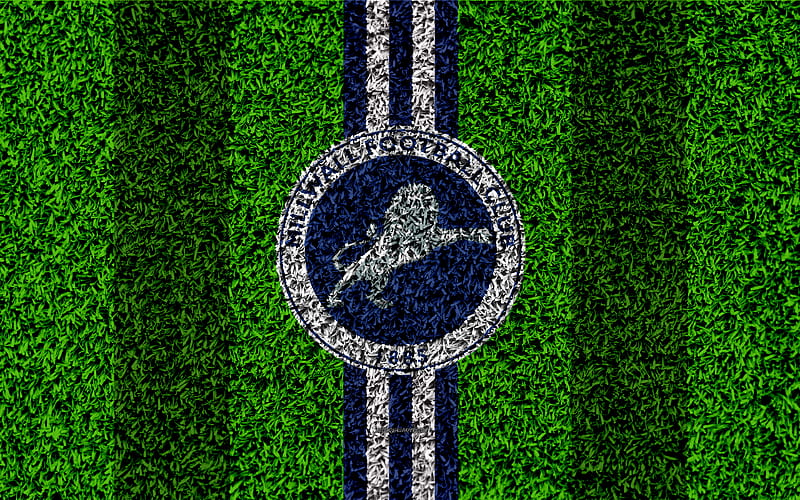 Millwall FC football lawn, logo, emblem, English football club, blue white lines, Football League Championship, grass texture, Millwall, London, UK, England, football, HD wallpaper