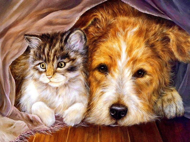 Cat and dog, art, lovely, fluffy, kitty, bonito, adorable, cat, sweet, cute, nice, friendship, painting, kitten, friends, puppy, dog, HD wallpaper