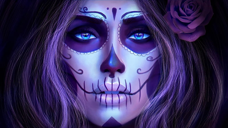 The Dead, fantasy, death, tattoo, dark, flower, blue eyes, HD wallpaper