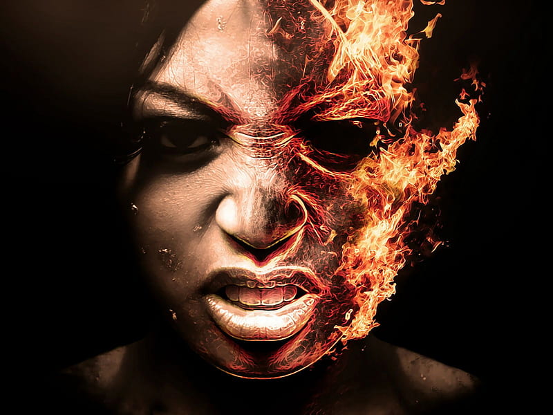 Burn, fire, pain, fantasy, face, burning woman, HD wallpaper
