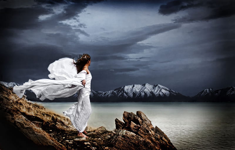 Feel the breeze, rocks, breeze, sky, clouds, sea, girl, mountains, waiting, evening, white dress, beautiful lady, HD wallpaper