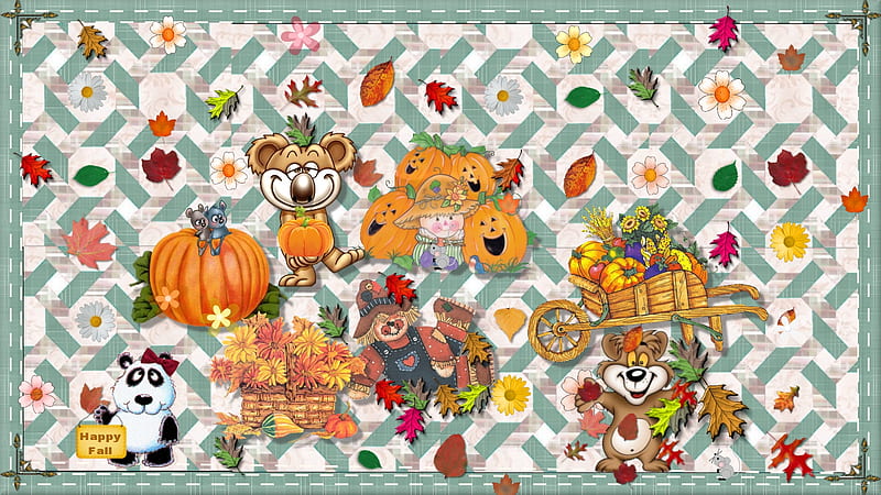 Fall-A-Flutter, flowers, bears, leaves, pumpkins, HD wallpaper