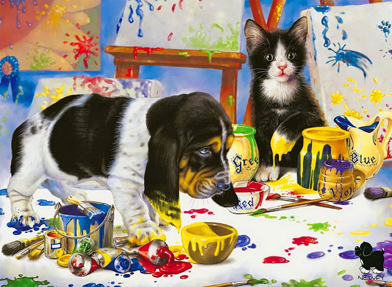 Little painters, colorful, bonito, adorable, sweet, nice, painting, dog, puppy, art, lovely, paint, kitty, colors, joy, cat, cute, funny, kitten, painters, HD wallpaper