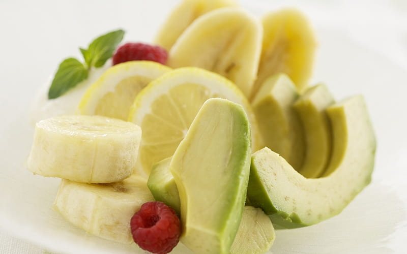 Fruit salad, avocado, delicious, mint, lemon, sweet, fruit, dulce, raspberry, banana, zmeura, salad, HD wallpaper