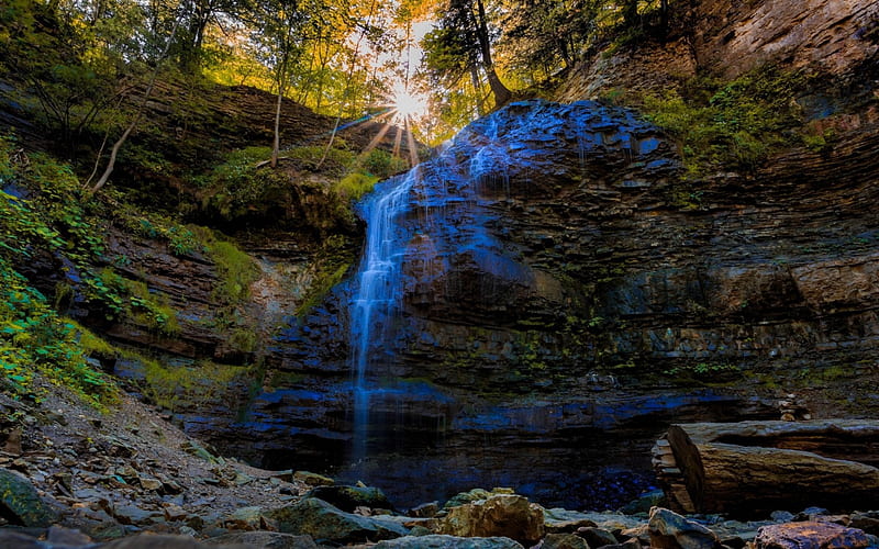 waterfall, rock, forest, sun rays, spring, water, mountain waterfall, HD wallpaper