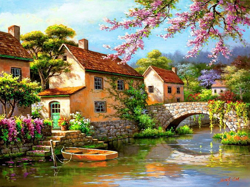 Country village canal, stream, pretty, colorful, house, cottage, canal, bonito, nice, boat, bridge, painting, village, flowers, river, reflection, art, quiet, calmness, lovely, greenery, spring, country, freshness, tree, serenity, peaceful, blossoms, nature, blooming, branches, HD wallpaper