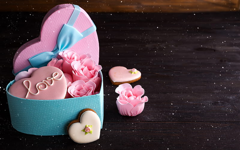 macaron, valentine, pink, card, blue, rose, food, box, sweet, cookie, heart, flower, HD wallpaper