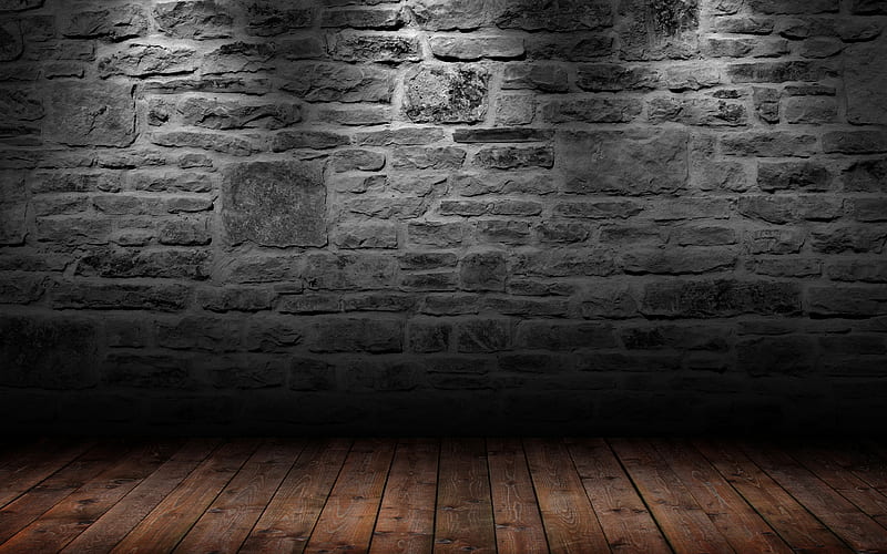 wooden floor with stone wall black stone wall, brown wooden floor, creative, black stones, wall with flashlights, HD wallpaper