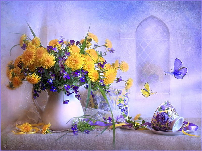 Still life, artist, dandelions, yellow, vase, tea, floral, graphy, butterfly, pansies, flowers, porcelain, blue, art, violets, spring, abstract, decor, cup, HD wallpaper