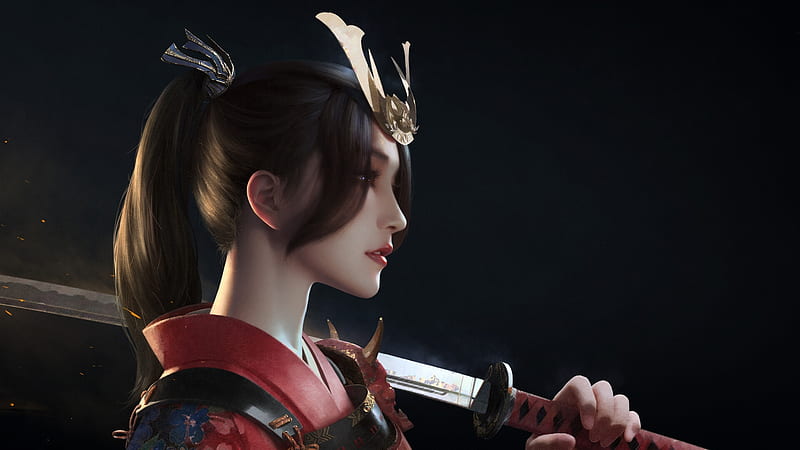 Samurai girl, fantasy, luminos, tangdi, samurai, girl, katana, black, sword, red, HD wallpaper