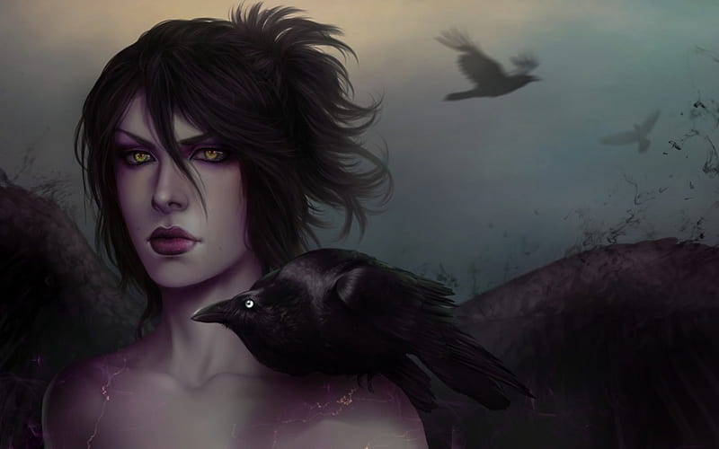 Morrigan, art, raven, game, black, fantasy, girl, bird, dragon age, HD wallpaper