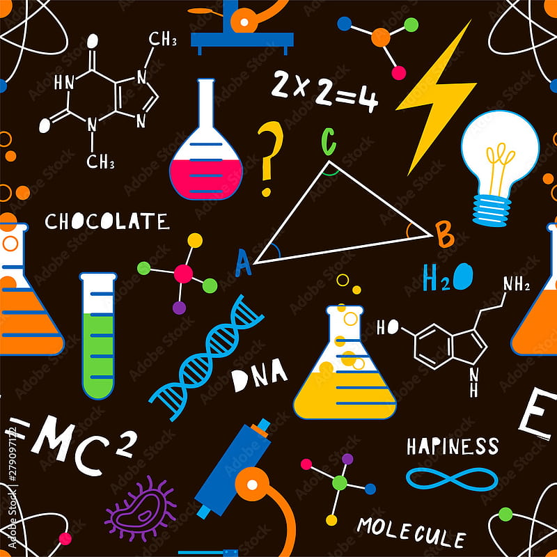 Science lesson flat vector seamless pattern. Chemistry, Biology, Physics school subject background. Flasks with chemicals, formula backdrop. , wrapping paper, textile cartoon minimal design Stock Vector. Adobe Stock, HD phone wallpaper