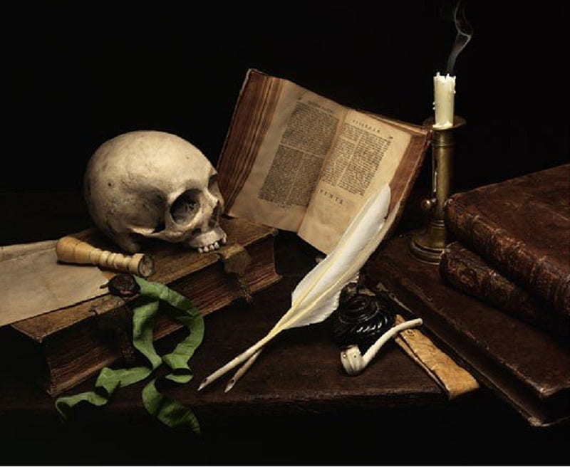 Still Life with Skull and Candle, candle, still life, quills, book, abstract, skull, pipe, sealing wax, HD wallpaper