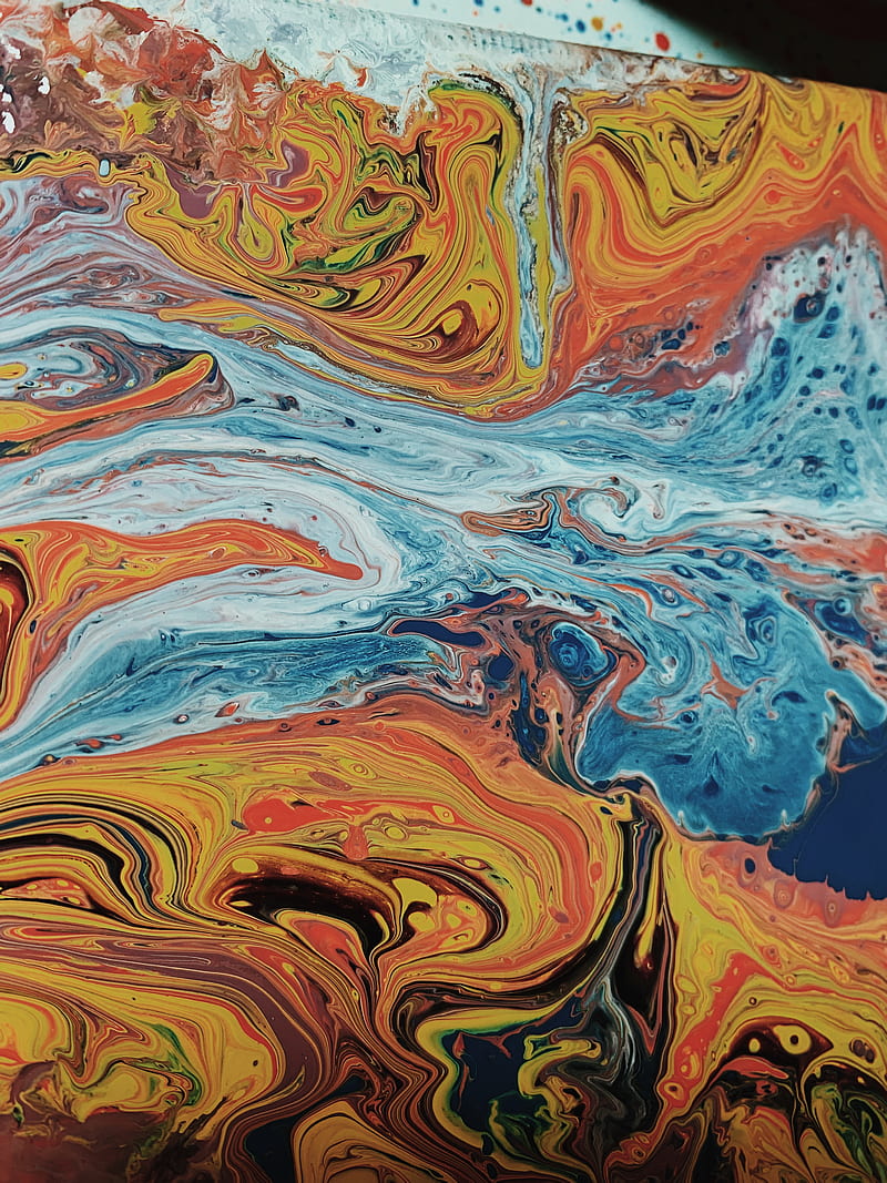 Abstract background of chaotic waves painted in different shades of blue and orange colors, HD phone wallpaper