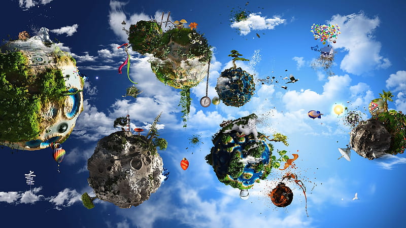 Chaotic Mess, world, cloud, sky, fantasy, planet, balloons, mess, chaos, earth, blue, HD wallpaper