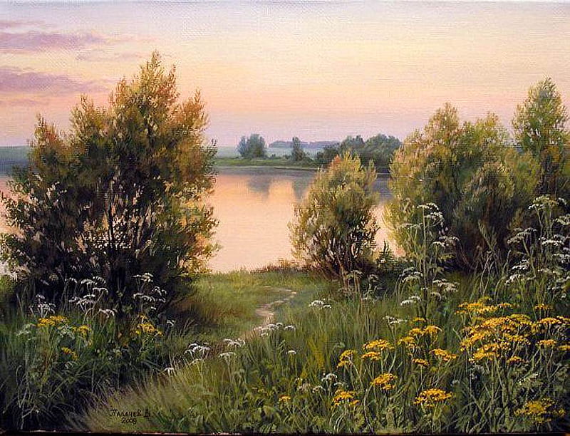 V. Balashov. Native open spaces, art, tree, v balashov, painting, nature, river, sunset, HD wallpaper