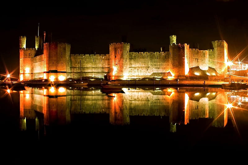 Caernarfon Castle, wales, gwynedd, reflection, castle, night, caernarfon, HD wallpaper
