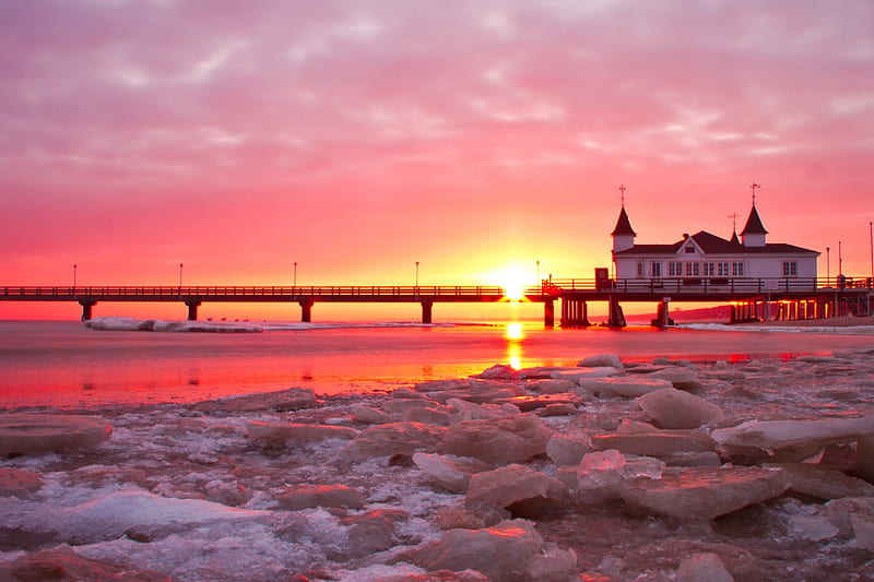 Sunset at Usedom, Germany, sun, snow, baltic sea, pier, ice, colors, island, sky, HD wallpaper