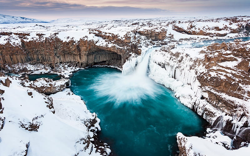 rocks, waterfall, glacial lake, snow, winter, Iceland, HD wallpaper