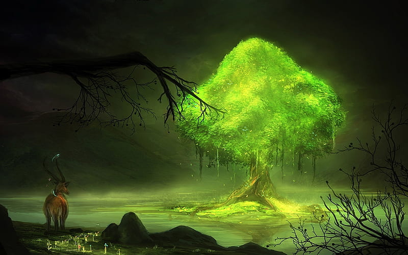 Lone Glowing Tree, tree, leaves, fantasy, green, HD wallpaper