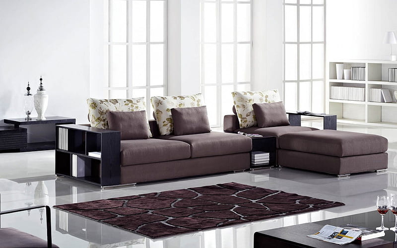 stylish interior of the living room, white walls, modern interior design, brown sofa, stylish interior, HD wallpaper