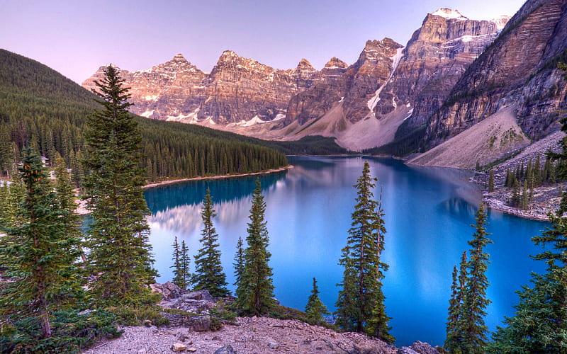 Banff, sunset, Moraine lake Banff National Park, mountains, Canadian Rockies, Alberta, Canada, HD wallpaper