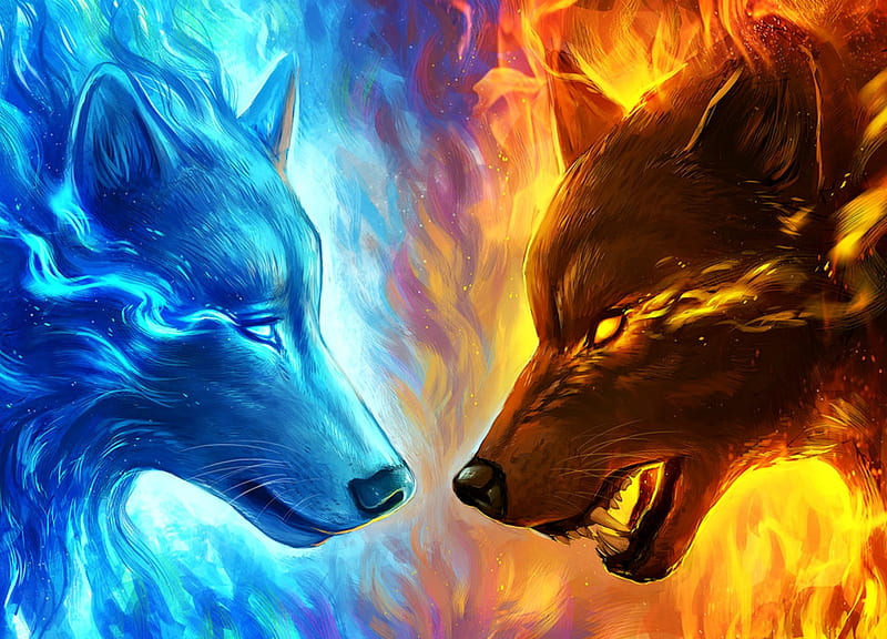 Ice and Fire, fantasy, luminos, fire and ice, jojoesart, yellow, wolf, blue, HD wallpaper