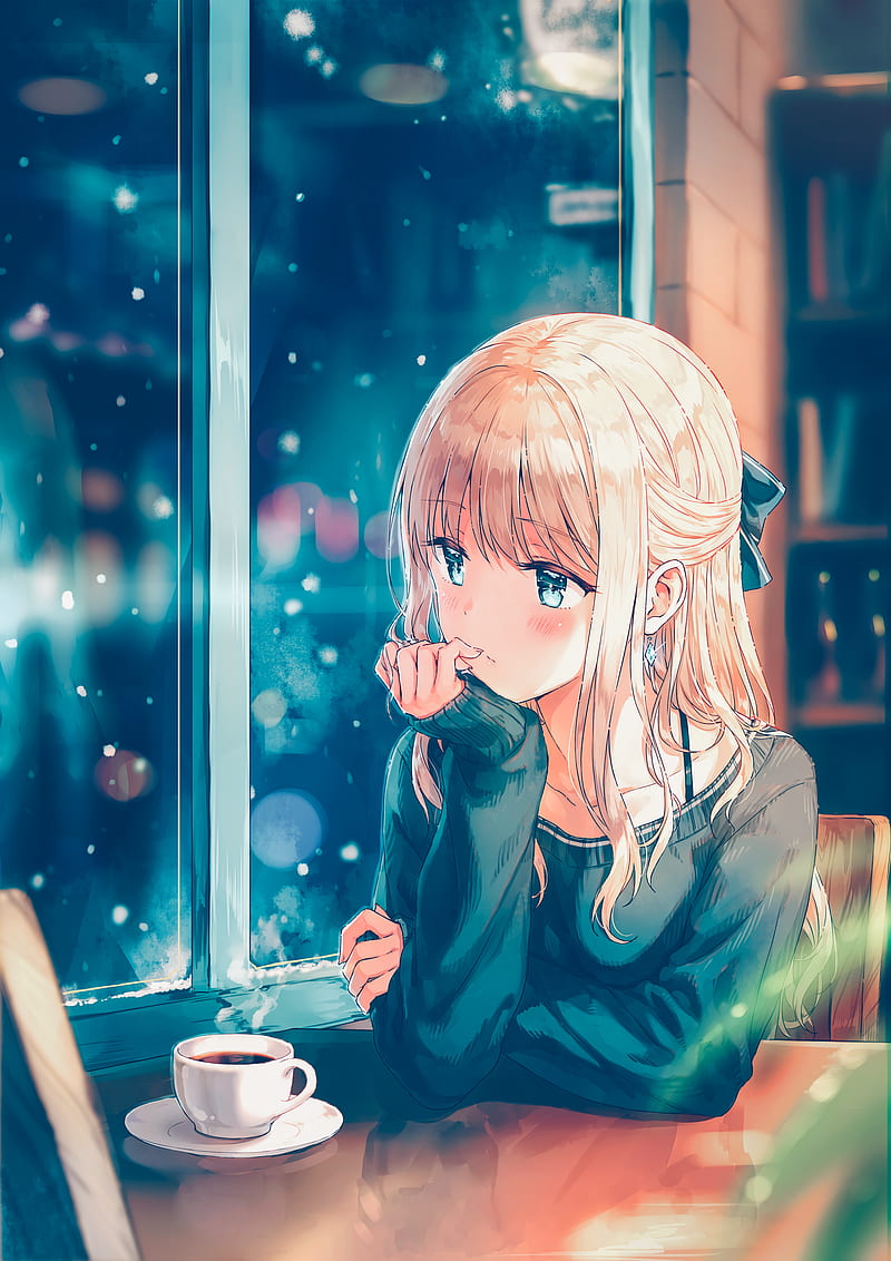 anime, anime girls, long hair, blonde, sweater, snow, aqua eyes, coffee, Hiten, HD phone wallpaper