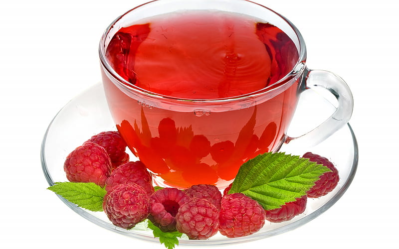 tea with raspberries, cup of tea, raspberries, berries tea, tea on white background, tea, HD wallpaper