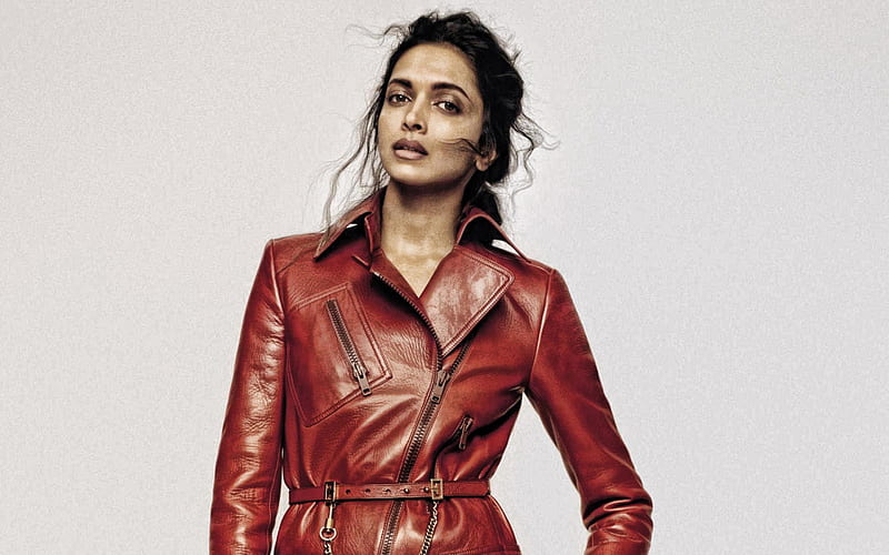 Deepika Padukone, Indian actress, hoot, red leather coat, Indian star, Bollywood, HD wallpaper