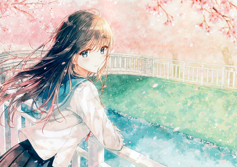 anime school girl, bridge, sakura blossom, spring, canal, smiling, pretty, Anime, HD wallpaper