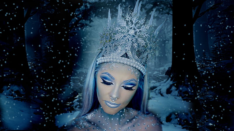 Ice Queen 2, artistic, pretty, stunning, bold, breathtaking, bonito, woman, women, fantasy, storybook character, feminine, gorgeous, daring, forest, female, lovely, creative, trees, winter, ice queen, girl, snow, magical, HD wallpaper