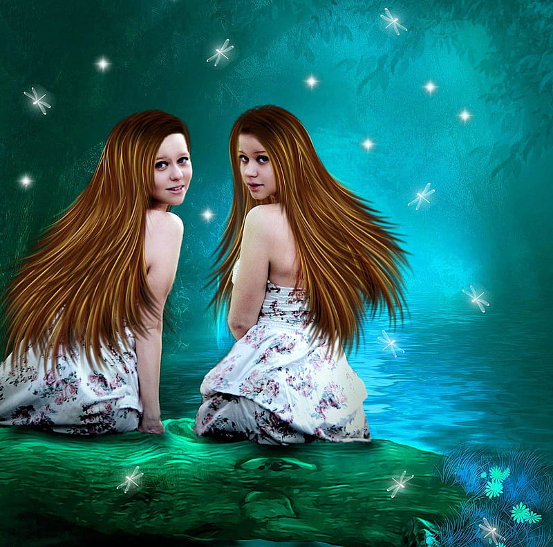 ~Twin Sister in Blue~, pretty, twin sister, charm, bonito, digital art, women, sweet, hair, fantasy, green, manipulation, people, bright, girls, light, animals, blue, lakes, female, models, lovely, abstract, dresses, water, dragonflies, plants, flying, reflections, HD wallpaper