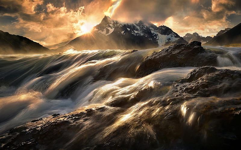 dawn, mountain river, mountains, river, chile, water, morning, patagonia, HD wallpaper