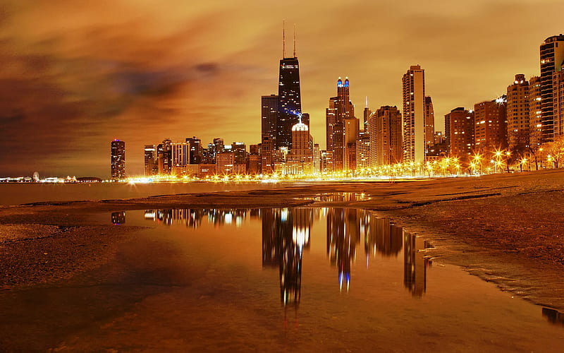 illinois, city, megapolis, chicago, night, light, lights, nights, usa, HD wallpaper
