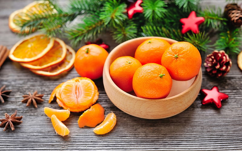 mandarins, New Year, fruits, Christmas tree, winter, HD wallpaper