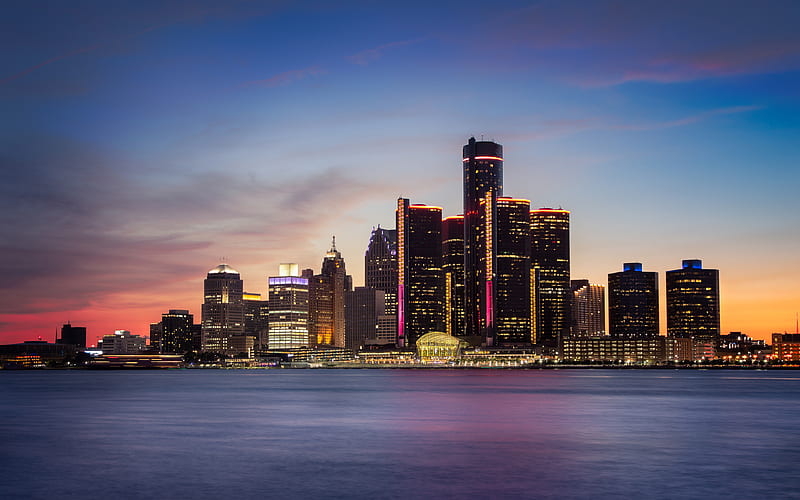 Detroit skyline, sunset, Michigan, USA, american cities, America, Detroit at evening, City of Detroit, Cities of Michigan, HD wallpaper