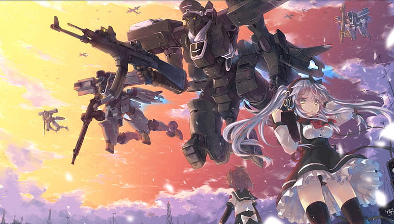 the war, sundown, guerra, girl, anime, robots, clouds, sky, HD wallpaper