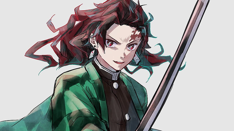 Demon Slayer Tanjiro Kamado Wearing Black And Green Checked Dress With Sword With Background Of Gray Anime Hd Wallpaper Peakpx