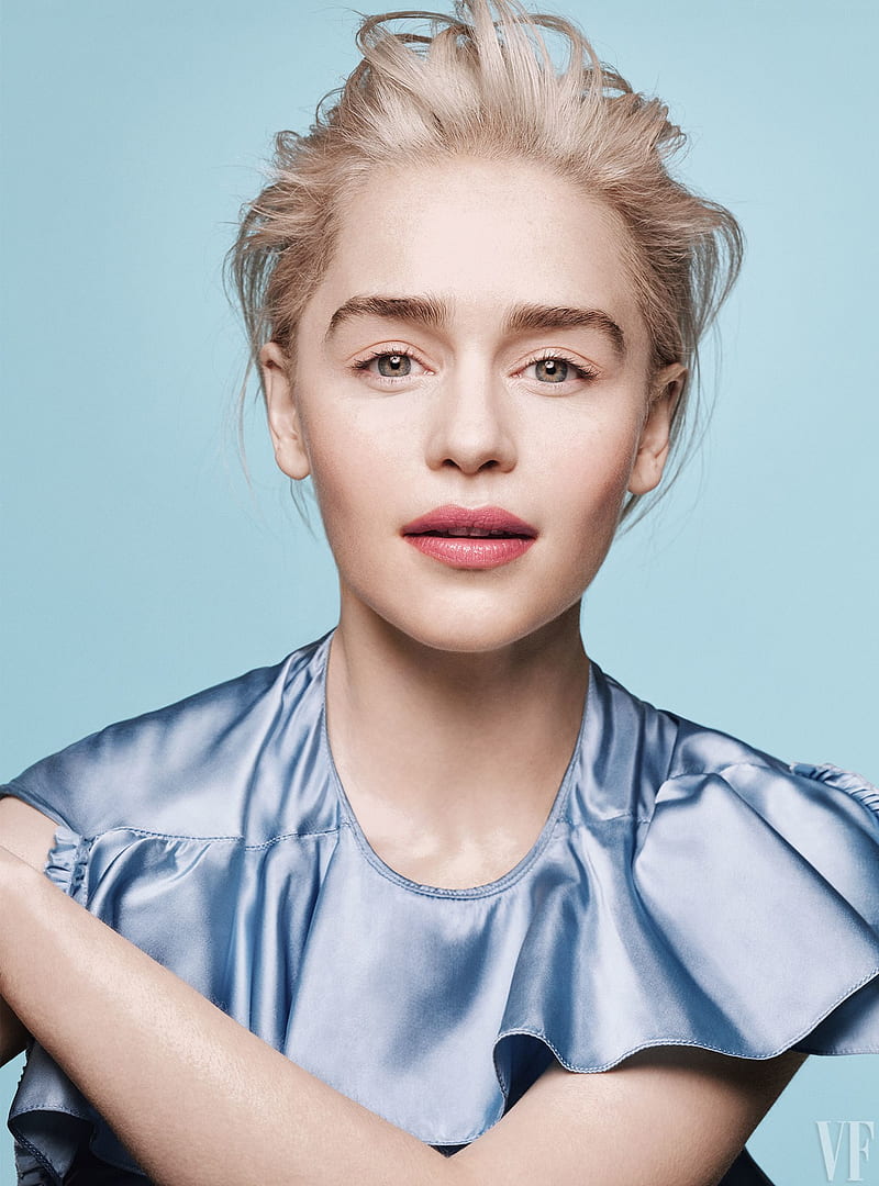 Emilia Clarke, celebrity, blonde, blue background, simple background, actress, portrait, women, HD phone wallpaper