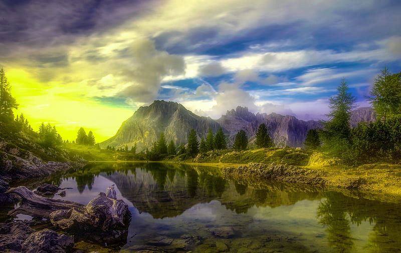 Lake Dolomites Trees Alps , lake, mountains, nature, sky, HD wallpaper