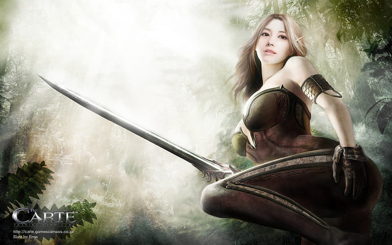 Carte, fighter, video game, lipstick, big breasts, gloves, hot, sunrise, weapon, sword, forest, female, guerra, elf, blonde hair, sexy, cool, battle, HD wallpaper