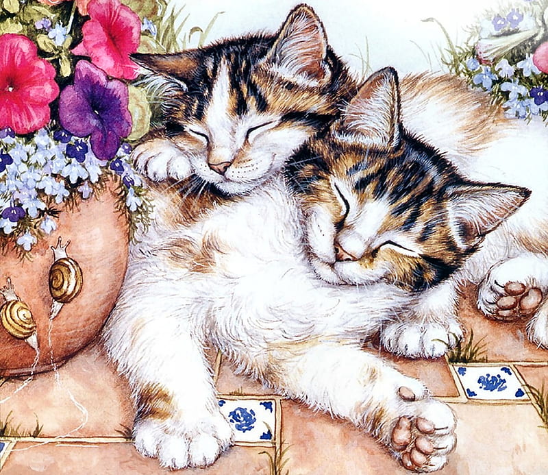 Sleeping Calico Cats F, art, bonito, pets, sleeping, artwork, animal, feline, calico, painting, wide screen, flowers, cats, HD wallpaper