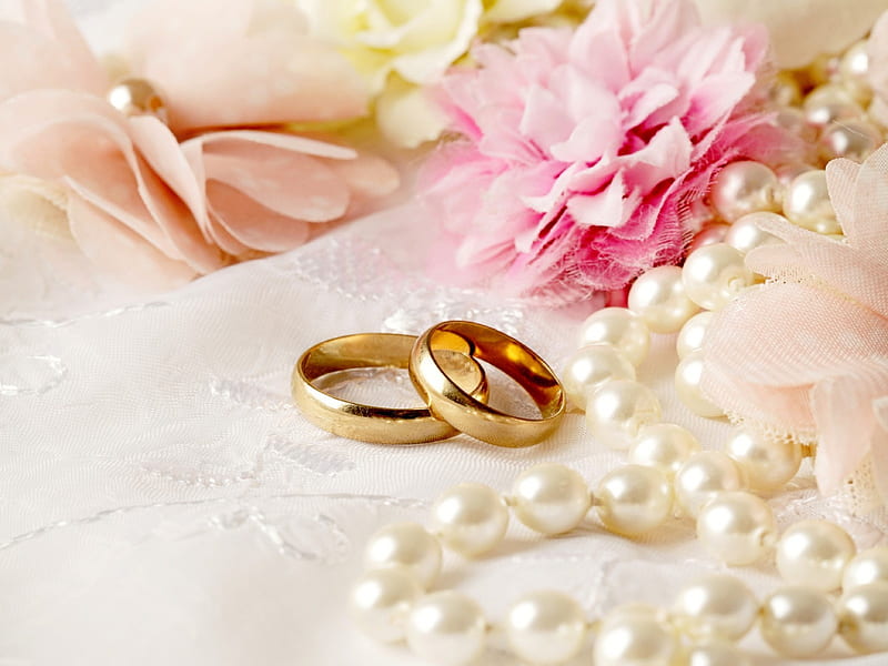 Wedding, perls, rings, flowers, HD wallpaper