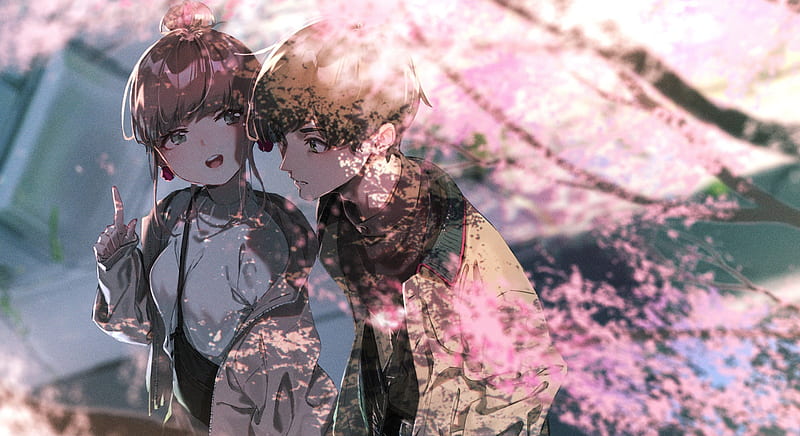 anime couple, cute, sakura blossom, tree, happiness, Anime, HD wallpaper