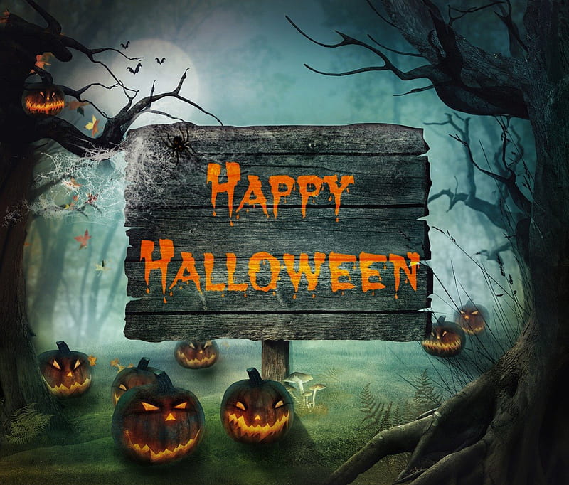 Happy Halloween, Fall, webs, bats, jack o lanterns, halloween, sign, spiderwebs, trees, spider, leaves, moon, full moon, mushrooms, Autumn, pumpkins, HD wallpaper