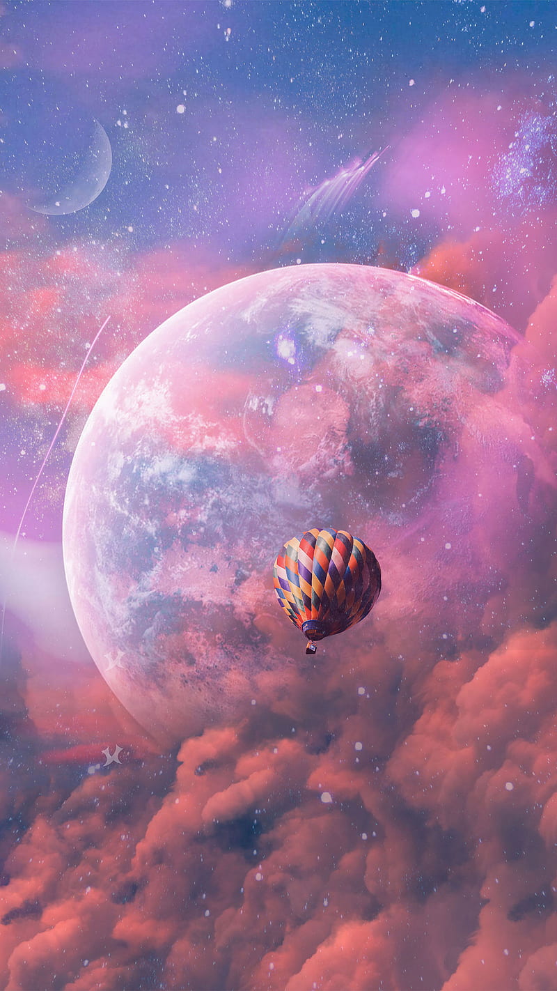 Journey, Balloon, Parachute, air, cloud, hot, magic, nebula, planet, redxarts, HD phone wallpaper