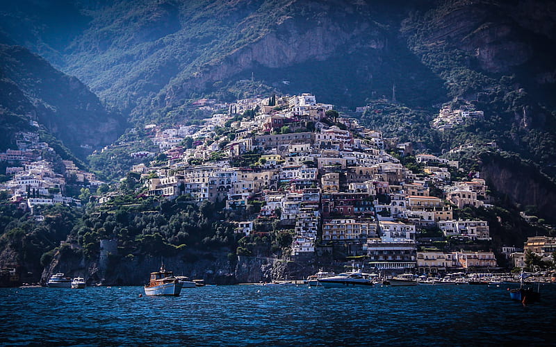Positano, coast, summer, sea, mountains, Italy, HD wallpaper