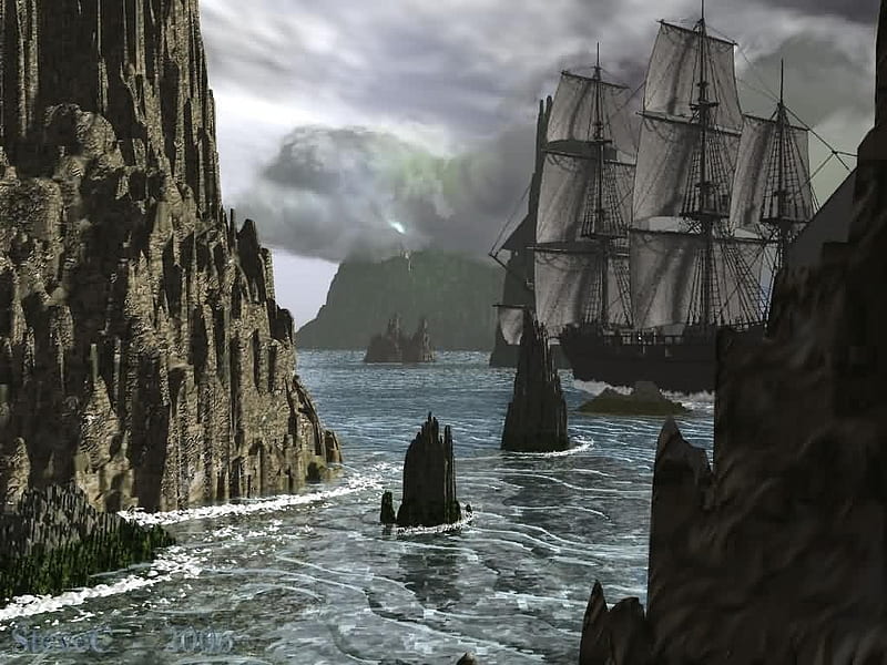 the dark ship, large rock, dark skys, making way, the harbor, HD wallpaper